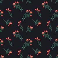 Seamless pattern with delicate berry branches on a deep black background. Red and green hues create an elegant botanical design, perfect for textiles, wallpapers, packaging, and stationery vector