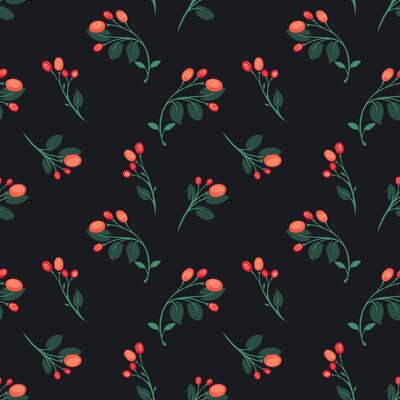 Seamless pattern with delicate berry branches on a deep black background. Red and green hues create an elegant botanical design, perfect for textiles, wallpapers, packaging, and stationery
