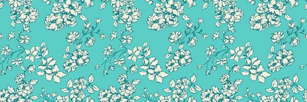 Elegant seamless floral pattern featuring delicate blossoms with intricate line art on a turquoise background. Classic botanical style, perfect for textiles, wallpapers, invitations, and decor vector
