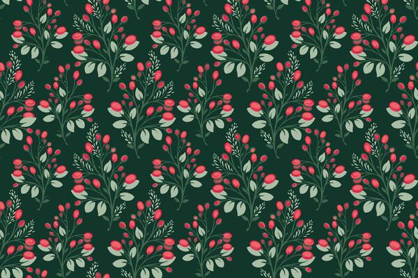 Seamless botanical pattern with delicate floral branches,deep grey background, and red berries. Elegant and vintage inspired, perfect for Christmas decor, holidays designs, fabric, wallpaper, textiles