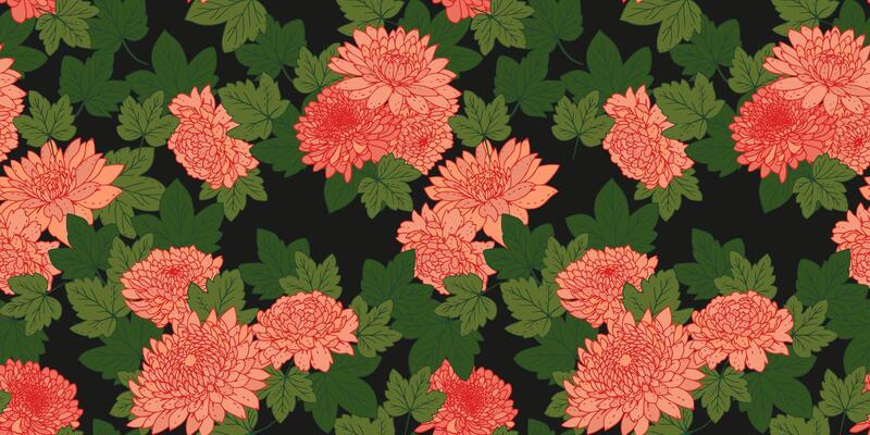 Colorful floral seamless pattern on dark background. Stylized peonies, dahlias, chrysanthemums. Artistic abstract red flowers and green leaves repeated print. drawn illustration botanical.