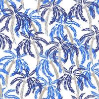 Vibrant seamless pattern with hand drawn tropical palm trees in bold blue, navy tones on a light background. Exotic, dynamic, and trendy, perfect for summer textiles, wallpapers, and branding vector