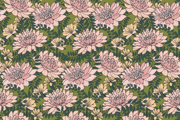 Seamless floral pattern on green background. Blooming mixed with herbs, leaves and meadow plants Nature ornament. Summer wildflowers print. drawn illustration. for designs, fabric, textiles