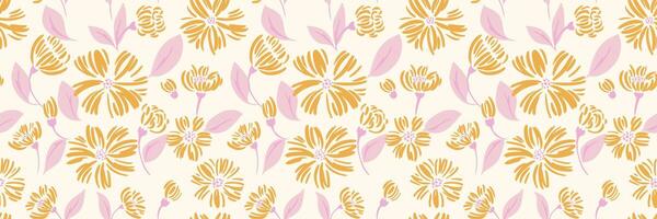 Seamless floral pattern featuring hand-drawn yellow flowers with leaves on a soft light background. Plain print design for textiles, wallpapers, with a delicate, summer-spring inspired aesthetic. vector