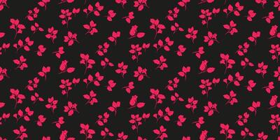 Seamless floral pattern with tiny red flowers and delicate stems on a black background. Elegant and minimalistic design for fabric, wallpaper, packaging, and wrapping paper vector