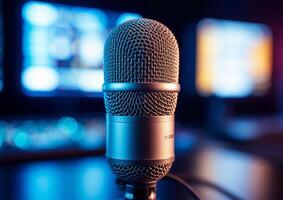 A microphone is shown in front of a television screen photo