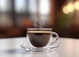 A cup of coffee on a table with a steam coming out photo