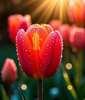 Red tulip with water droplets on the petals photo