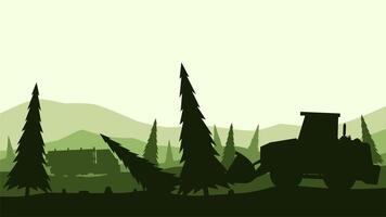 Landscape silhouette of illegal logging in a pine forest. Panoramic view of deforestation with bulldozer and forestry truck. Coniferous forest with illegal tree cutting activity vector