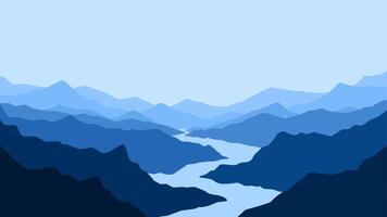 Landscape of a river in mountains scenery. Panoramic view of mountain range with a river flowing through it. Scenic landscape with river winding between majestic mountain range vector