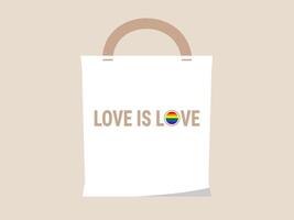 Love is love tote bag with rainbow heart symbol, minimalist design, beige handle, and neutral background, expressing pride and inclusivity in simple, modern style vector