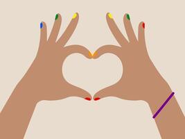 Two hands with colorful nails form heart shape, expressing love and unity, with purple bracelet on one wrist against light background vector