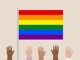 Pride flag rainbow diversity inclusion equality LGBTQ hands unity support celebration. image shows diverse hands raised front of rainbow pride flag symbolizing unity support and celebration vector