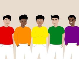Group of five diverse men standing together, each wearing colorful shirt and white pants, smiling and expressing friendship and unity in casual indoor setting vector