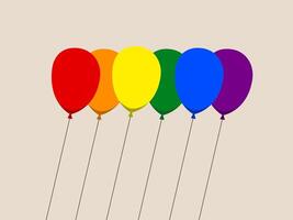 Six colorful balloons in red orange yellow green blue and purple stand in row symbolizing pride and celebration with minimalistic background and cheerful mood vector