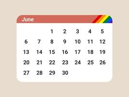 June calendar rainbow pride month celebration equality diversity LGBTQ colorful event. This June calendar features rainbow corner symbolizing pride month celebrating diversity and equality with vector