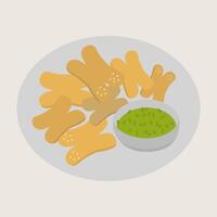 Crispy fried dough, golden brown, served on white plate with bowl of green dipping sauce, creating delicious and inviting snack scene vector