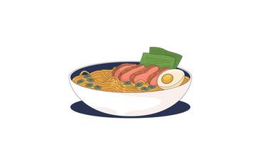 Ramen bowl with chopsticks 2D cartoon object animation. Asian soup noodles, boiled eggs, pork slices, vegetables, seaweed garnish dish animated flat colorful item 4K isolated on white video