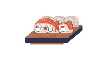 Mixed sushi platter on wooden tray 2D cartoon object animation. Shrimp nigiri, sushi rolls with salmon slices and roe, served with wasabi animated flat colorful item 4K isolated on white video