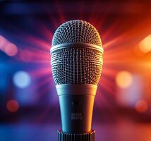 Microphone on stage with bright lights photo