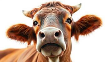 Close Up Portrait of a Brown Cow Against White Background photo