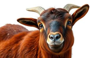 Brown Goat with Horns Against White Background photo