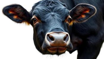 Close Up Portrait Of A Black Cow Against White Background photo