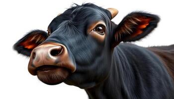 Portrait Of A Black Cow Against White Background photo