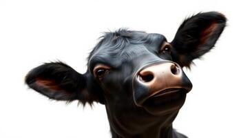 Close-up Portrait of a Black Cow Against White Background photo