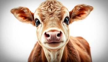 A Closeup Portrait of a Brown Calf Against White Background photo
