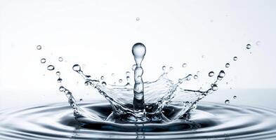 A water droplet rises above a calm water surface, forming a splash with a tall central column photo