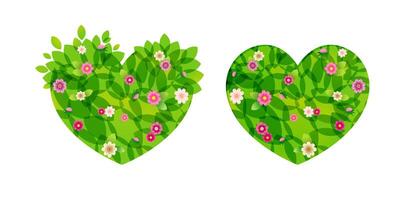 Set of cute creative hearts with green leaves and pink flowers. Isolated cut paper and 3D style. Floral backdrop with clipping mask. Greeting card template. Blank design. Postcard idea with copy space vector
