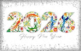 Happy New Year 2026 greeting card design. Native style floral pattern with isolated clipping mask, silver glitters, shiny frame. Modern and vintage elements. Holiday event banner. Congratulations idea vector