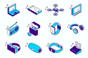 Devices and gadgets concept 3d isometric icons set for web isometry design. Collection elements of laptop, smartphone, drone, tablet and stylus, smart watch, vr headset, more. illustration. vector