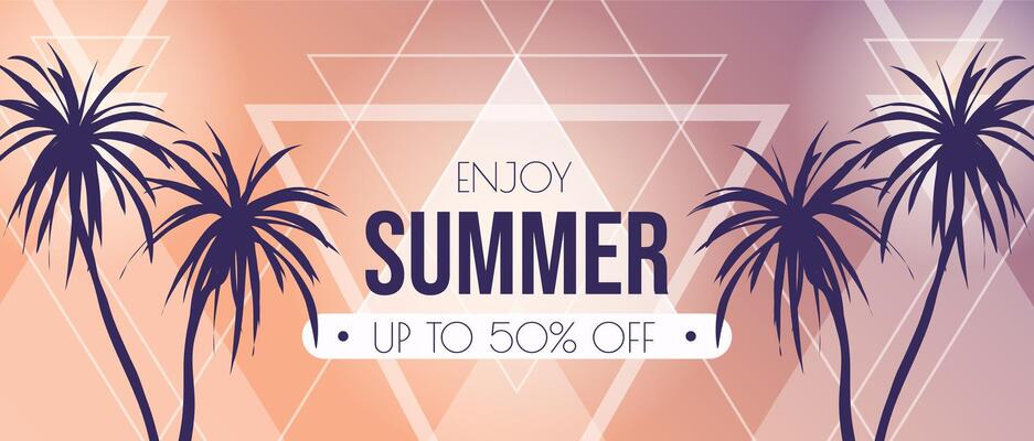 Summer horizontal sale banner. Shopping promotion poster template with tropical palm tree silhouettes, retro invitation with island beach nature and geometric triangle shapes. illustration.