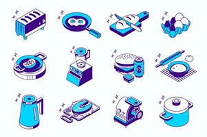 Kitchen utensils concept 3d isometric icons set for web isometry design. Collection elements of toaster, frying pan, eggs, cooking steak, blender, fast food, grinder, bowl, more. illustration. vector