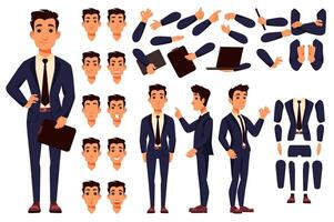 Businessman character constructor for animation with parts set. Customized people collection with office manager poses, facial expressions heads, arms with laptop, folders, more. illustration. vector