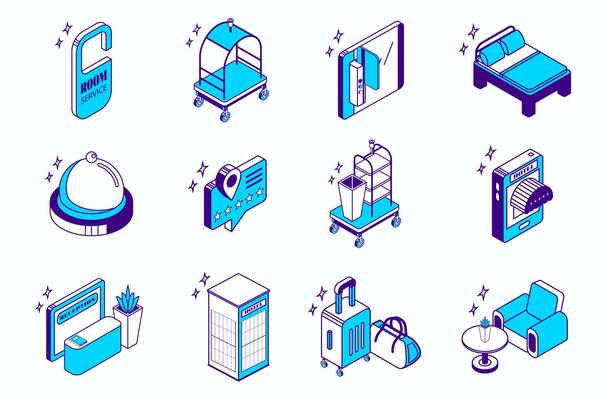 Hotel infrastructure concept 3d isometric icons set for web isometry design. Collection elements of room service, door key, bed, restaurant, rating, cleaning, online booking, more. illustration