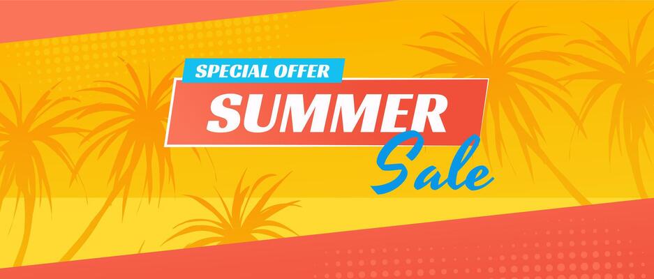 Summer horizontal sale banner. Shopping promotion poster template with tropical palm tree silhouettes, retro invitation with abstract island beach nature and exotic paradise. illustration.