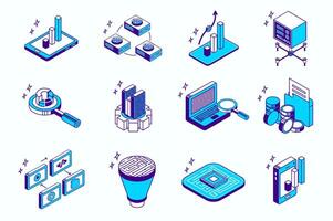 Big data analysis concept 3d isometric icons set for web isometry design. Collection elements of statistics charts, computing hardware system, research, diagram, storage, more. illustration. vector