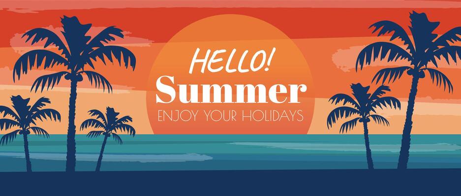 Summer horizontal sale banner. Shopping promotion poster template with retro tropical palm tree silhouettes and ocean sunset, invitation with vacation at island beach nature. illustration.