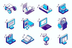 Online education concept 3d isometric icons set for web isometry design. Collection elements of course, certificate, e-learning, ebook, test, homework, audio lesson, more. illustration. vector