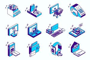 E-commerce platform concept 3d isometric icons set for web isometry design. Collection elements of online shopping, terminal with bill, credit card, internet payment, sale, more. illustration. vector