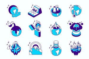 Global warming and pollution concept 3d isometric icons set for web isometry design. Collection elements of planet heat, toxic pollution, climate change, ecology disaster, more. illustration. vector