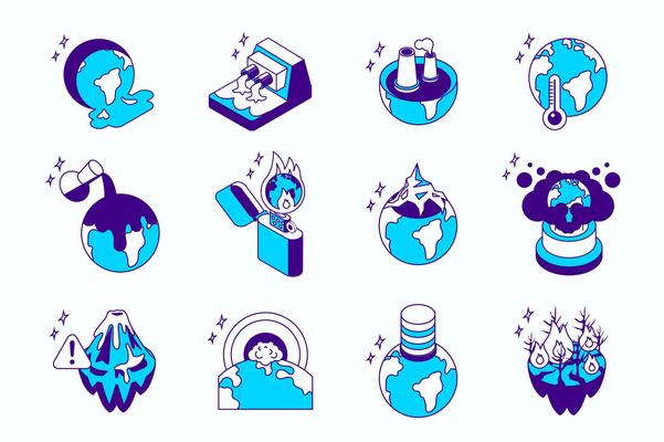 Global warming and pollution concept 3d isometric icons set for web isometry design. Collection elements of planet heat, toxic pollution, climate change, ecology disaster, more. illustration.