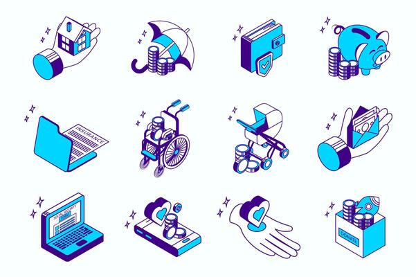 Social security concept 3d isometric icons set for web isometry design. Collection elements of mortgage home, insurance protection for money savings, disability, childbirth, more. illustration.