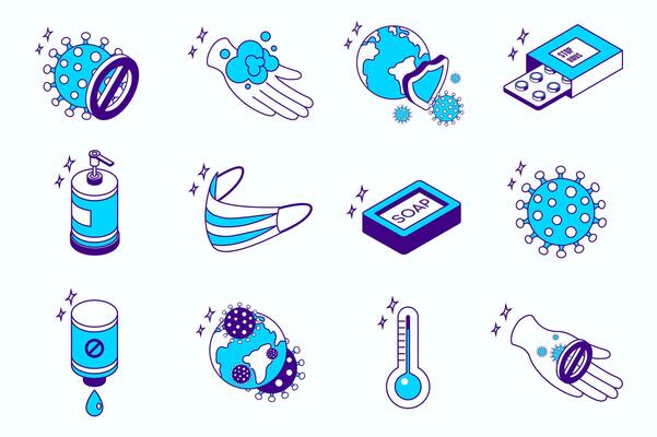 Disease prevention concept 3d isometric icons set for web isometry design. Collection elements of virus stop, washing hand, pills, antiseptic, medical mask, global epidemic, more. illustration.