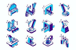 Robotization industry concept 3d isometric icons set for web isometry design. Collection elements of robots, robotic arms packaging, conveyor manufacturing, smart factory, more. illustration. vector