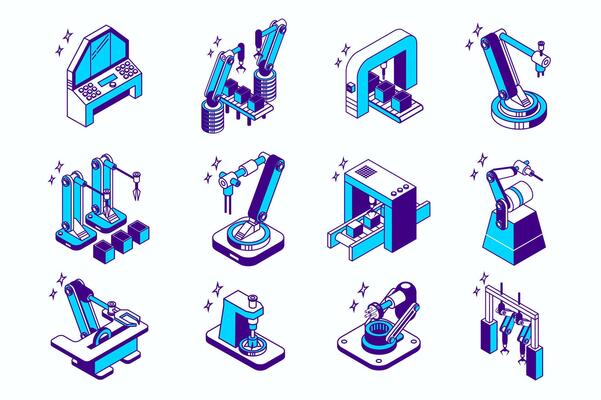 Robotization industry concept 3d isometric icons set for web isometry design. Collection elements of robots, robotic arms packaging, conveyor manufacturing, smart factory, more. illustration.