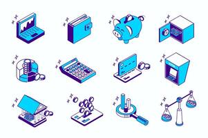 Finance management concept 3d isometric icons set for web isometry design. Collection elements of graphs, finance, piggy bank, banking safe, money, calculator, credit card, more. illustration. vector